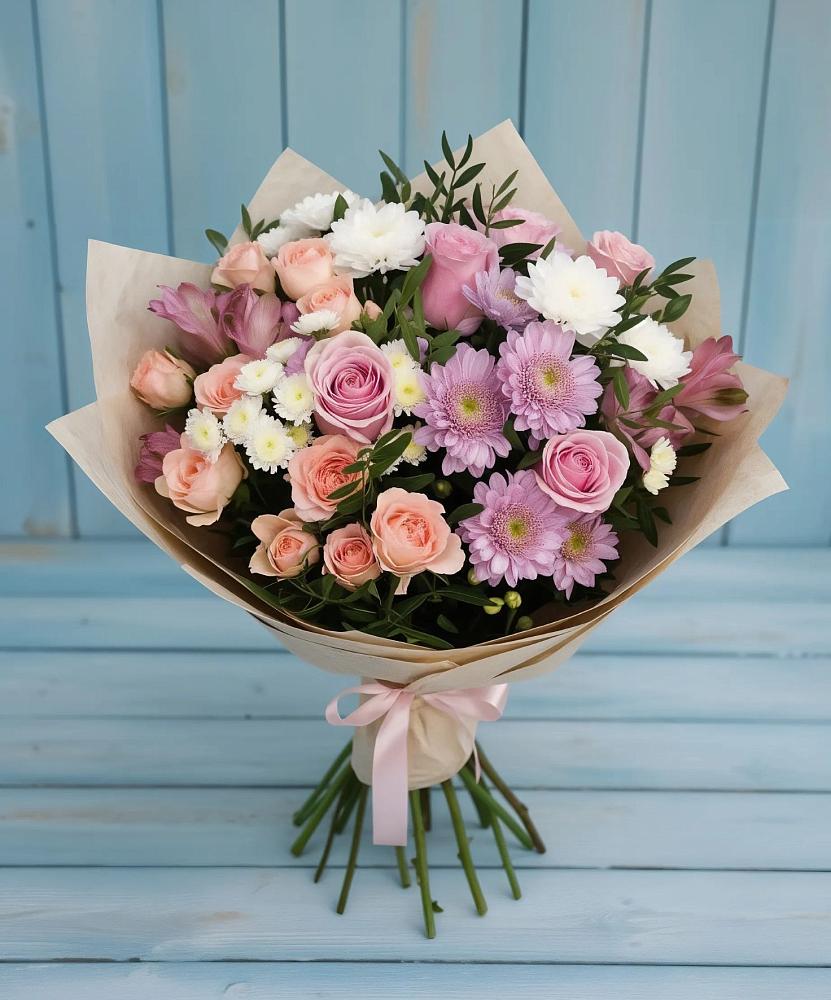 Букет цветов из: Хризантемы, Розы и Альстромерии в Вольно-Надеждинское