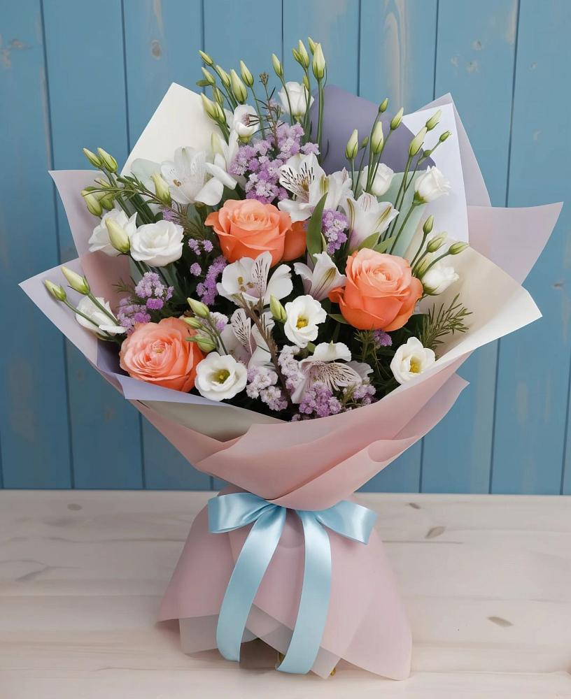 Букет цветов из: Лизиантусы, Розы, Альстромерии и Гипсофила в Вольно-Надеждинское