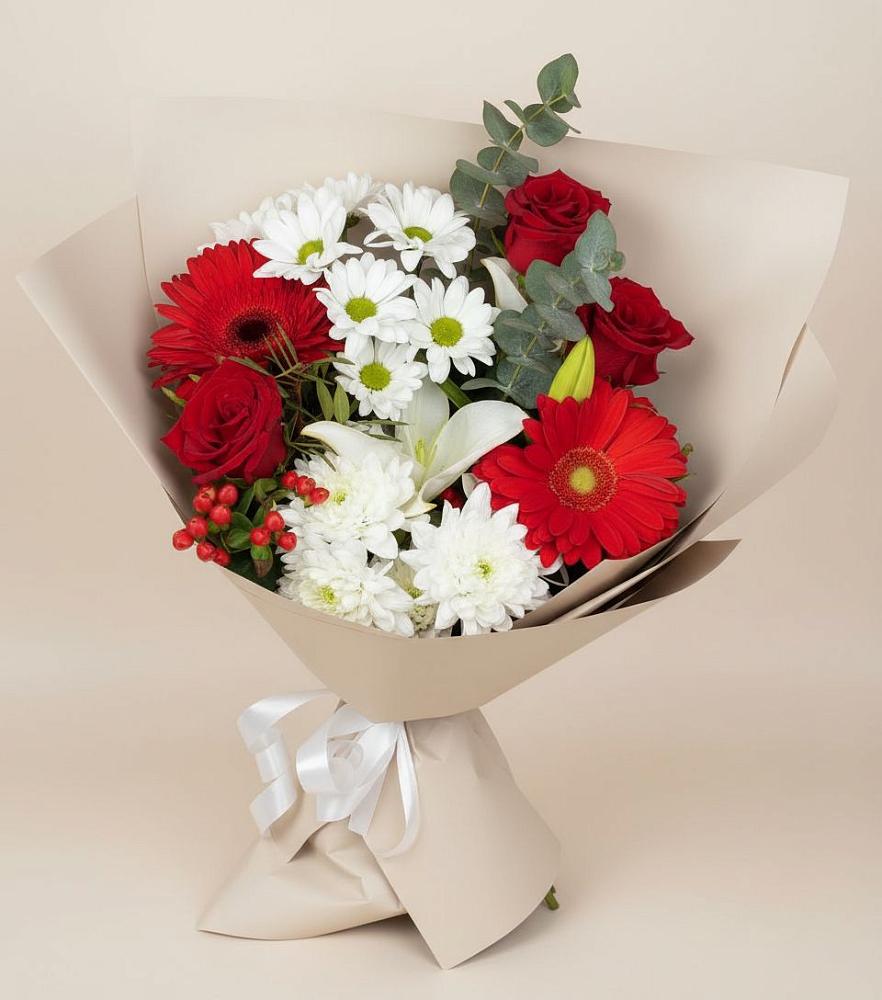 Букет цветов из: Розы, Хризантемы, Герберы и Лилии в Вольно-Надеждинское