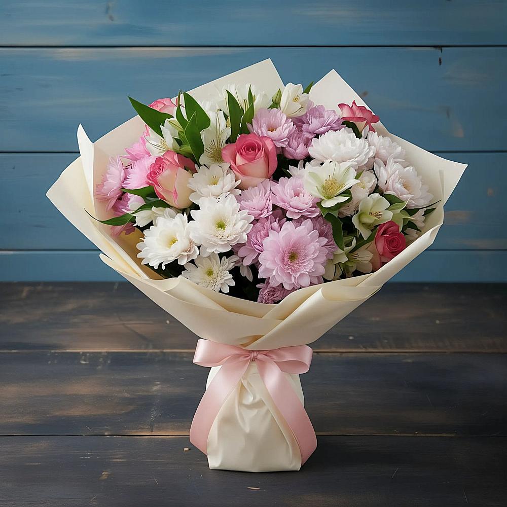 Букет цветов из: Хризантемы, Альстромерии и Розы в Вольно-Надеждинское